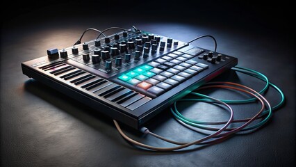 A sleek, modern MIDI controller with backlit buttons and knobs sits on a dark background, surrounded by cables and ready for music production.