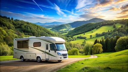 Obraz premium A sleek, white recreational vehicle parked in a serene natural setting with lush green trees, blue sky, and rolling hills in the background.