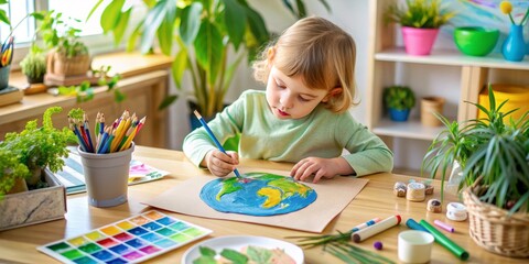 A small child creates a colorful handmade postcard featuring the Earth, promoting eco-friendliness and sustainability, on a table surrounded by art supplies and greenery.