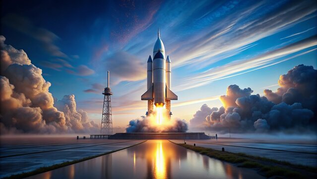 A sleek, white rocket stands tall on a launchpad at dawn, illuminated by spotlights, with fog swirling around its base and a bright blue sky above.