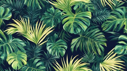 seamless pattern, Vibrant green leaves create a lush tropical backdrop, perfect for nature-themed designs and presentations.