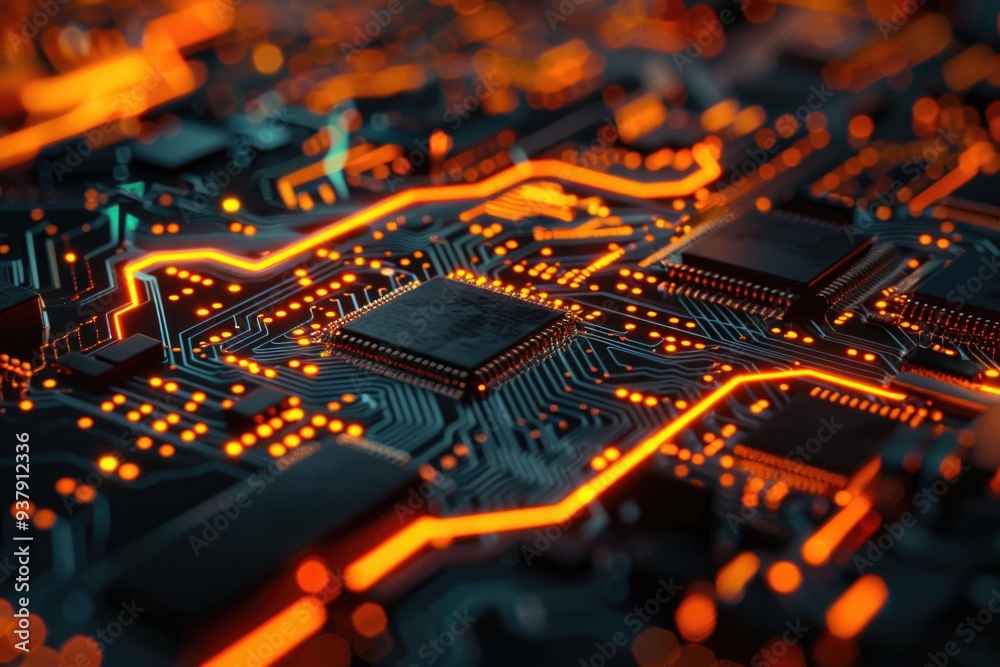 Poster detailed view of an electronic circuit board with components and wires