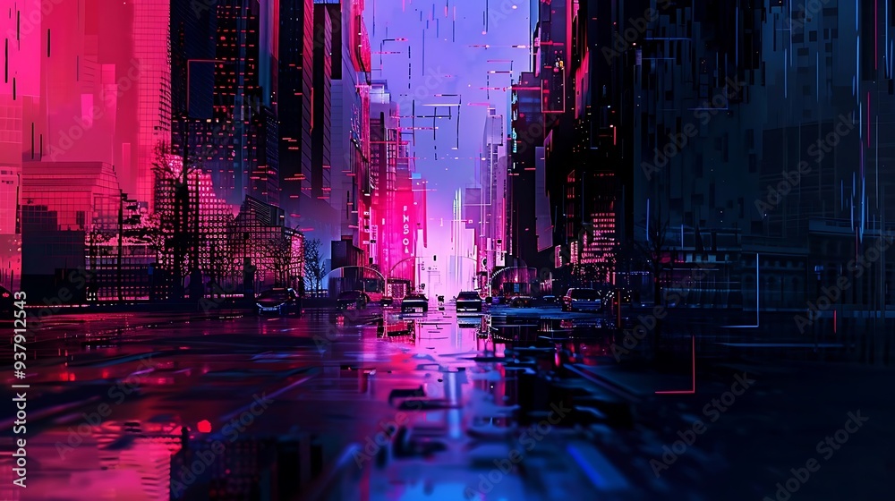 Poster a vibrant, futuristic cityscape with neon lights and digital elements reflecting on wet streets.