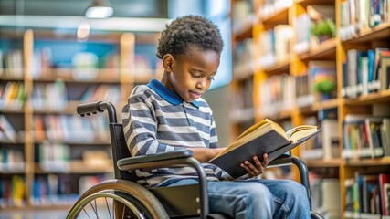 Boy In Wheelchair Reading Book In Library.  Knowledge & Inclusion.