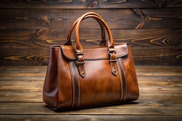 A solitary, high-quality, brown leather women's handbag rests on a rustic wooden table, emphasizing its texture, stitching, and sleek design in a macro top view.
