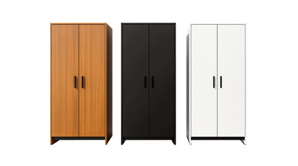 Three storage cabinets in different colors arranged separately isolated white or transparent background