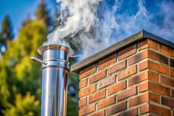 Obraz premium A stainless steel chimney pipe extends from the brick fireplace, emitting gentle wisps of smoke that curl upwards into the ventilation system above.