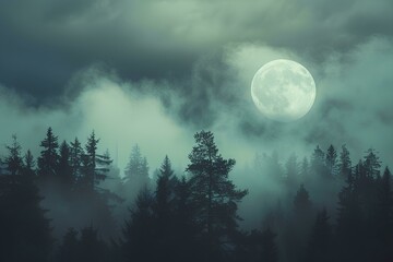 The full moon shone through dark clouds, silhouetting pine trees, in a foggy atmosphere with soft light and an overcast sky forming a forest background for an evening of tranquil mood