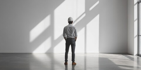 Fototapeta premium Businessman standing in a dark corridor with a silhouette visible in the doorway, conveying success and professional concept