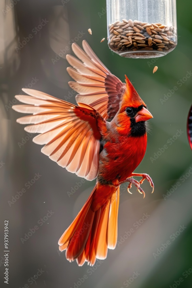 Aufkleber a small red bird flies towards a bird feeder in a backyard setting