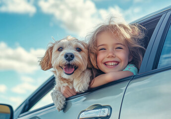 A cute little girl with her friend dog looking out of the car window. Leisure, travel, tourism.