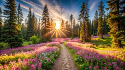 A Tranquil Forest Path Winds Through A Vibrant Carpet Of Pink Wildflowers, Leading The Eye To A Distant Clearing Bathed In Sunlight.