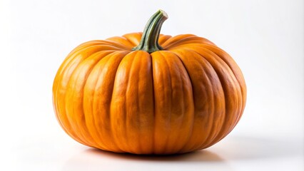 A vibrant orange pumpkin sits isolated on a clean white background, its intricate texture and ridges highlighted by soft, natural light.