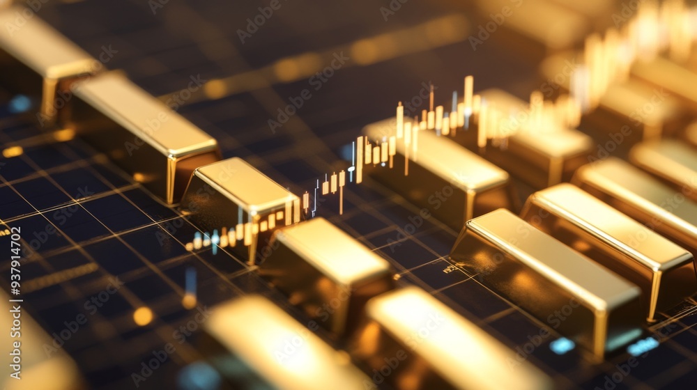 Poster a financial graph showing exponential growth, placed over a background of gold bars, symbolizing wea