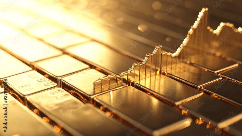 Poster a financial graph showing exponential growth, placed over a background of gold bars, symbolizing wea