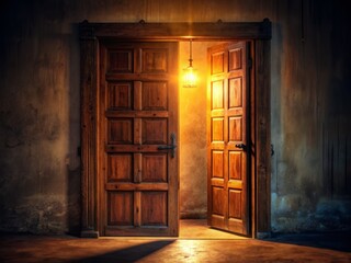 Obraz premium A warmly illuminated, old dark wooden door stands ajar, revealing a radiant glow emanating from above, casting a welcoming ambiance in a dimly lit atmosphere.