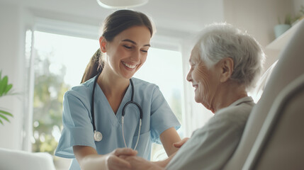 young nurse in uniform assisting a smiling elderly woman with gray hair, capturing the essence of caregiving and support, with a focus on the bond and trust between the patient and