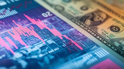 Fototapeta premium A financial graph with an upward trend, placed over a background of various currencies, highlighting global financial markets.
