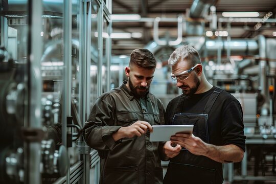 Two men in an industrial factory, one holding a tablet and the other showing something on it, standing near a glass wall with machines behind them