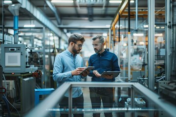 Two men in an industrial factory, one holding a tablet and the other showing something on it, standing near a glass wall with machines behind them
