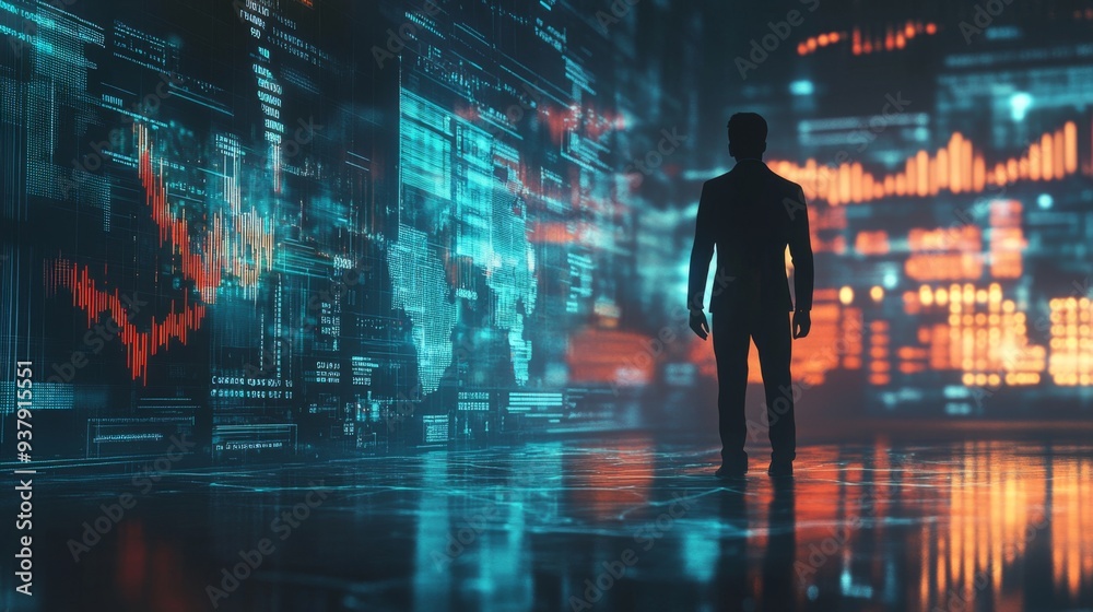 Aufkleber a futuristic financial graph with digital elements, overlaid on a businessman silhouette in a dark, 