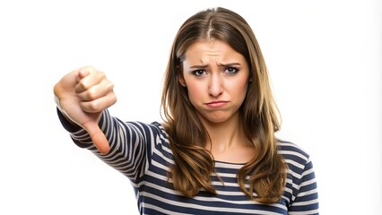 A young woman with a disappointed expression gesturing with her hand, conveying disapproval and negativity, isolated on a white background.