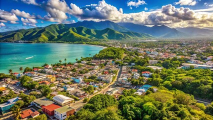 Bird's-eye perspective of Puerto Plata, Dominican Republic, showcasing lush green mountains, sparkling turquoise ocean, and dense urban landscape with colorful buildings and roofs.