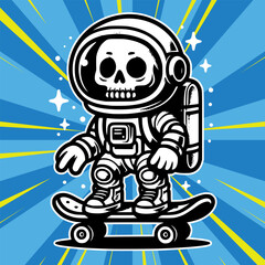 Vector skull astronaut playing skateboard in attractive pose in cartoon style