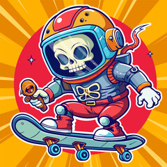 Vector skull astronaut playing skateboard in attractive pose in cartoon style