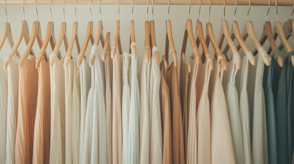 full rack of elegant long dresses in diverse colors, suspended on wooden hangers within a wardrobe closet, highlighting the vintage charm and retro style of the feminine garments,