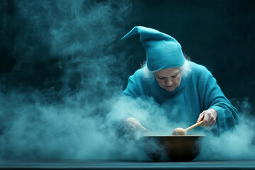 Obraz premium Elderly woman mixing ingredients in a bowl in mist