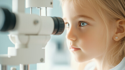 Naklejka premium A young girl undergoes an eye examination with a slit lamp, the scene highlighting the use of advanced medical technology in pediatric healthcare, with the child's focused expressi