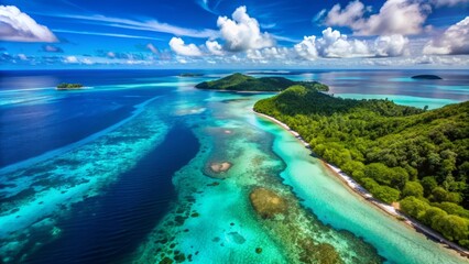 Fototapeta premium Breathtaking aerial view of a serene turquoise ocean surrounded by lush green islands and coral reefs, captured from a drone flying high above the waters.