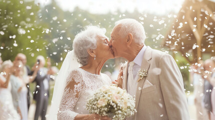 A happy elderly couple kissing passionately while confetti rains down on them, symbolizing the renewal of their wedding vows and the timeless love they continue to share in their m