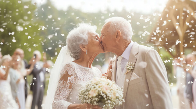 A happy elderly couple kissing passionately while confetti rains down on them, symbolizing the renewal of their wedding vows and the timeless love they continue to share in their m