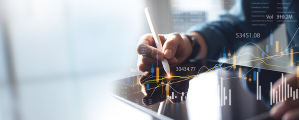 Stock market analysis, financial report, business, finance and investment. Finance analyst analyzing stock market trading graph, economic growth chart, business investment, financial background