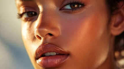 Fototapeta premium A macro shot of a woman face with dewy, radiant skin, subtle makeup, and a soft expression, set against a blurred background.