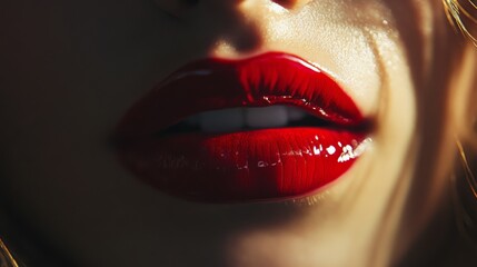 Obraz premium A macro shot of a woman's lips, with a smooth application of glossy red lipstick, capturing the vibrant color and shine.