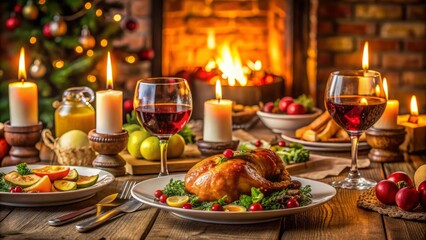Naklejka premium Candlelit table setting with wine glasses, plates of roasted chicken and vegetables, and warm ambiance, evoking a sense of togetherness and joyful conversation.