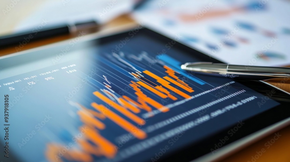 Poster A modern financial graph displayed on a digital tablet with a background of business documents and a pen, highlighting stock market trends.