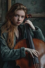 A young girl with long red hair plays the cello, instrument music