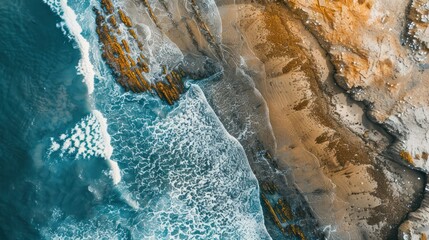 Aerial View of Ocean Waves Crashing on a Rocky Coastline