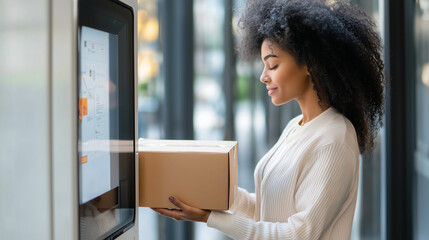 A woman stands at an outdoor automated parcel machine, holding a box while selecting an operation on the touchscreen, showcasing the convenience of modern mail delivery systems. ph