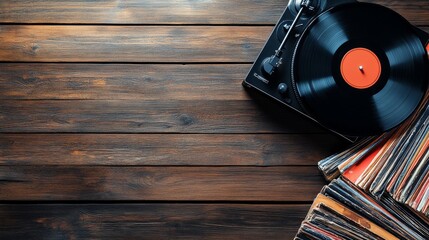 Fototapeta premium Retro Vinyl Record Player on Wooden Surface with Vinyl Records