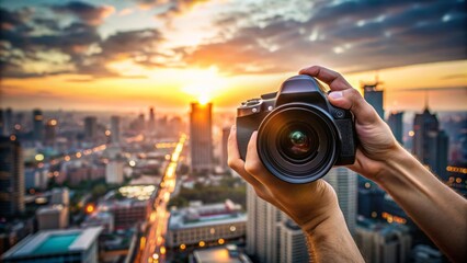 Close-up of a photographer's hands holding a camera, with a blurred background of a cityscape, emphasizing the importance of capturing the perfect shot.