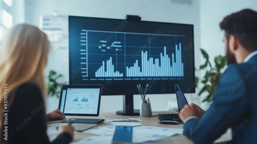 Poster a team of professionals discussing a financial graph displayed on a large screen in a modern confere