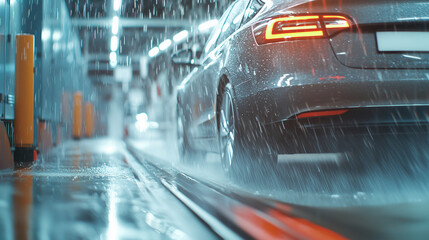 A dynamic shot of a car being thoroughly cleaned by rotating brushes and water sprays as it moves through an automated car wash machine, highlighting the efficiency and thoroughnes