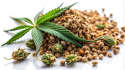 Close-up of dried hemp buds and leaves scattered on a clean white background, showcasing the natural texture and earthy tones of the cannabis plant.