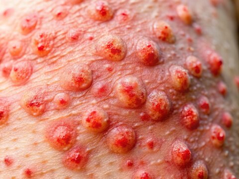 Close-up of inflamed skin with red, itchy patches and blisters, caused by fungal infection due to excess moisture and sweat, leading to severe dermatitis and discomfort.