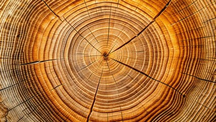 Fototapeta premium Close-up of wooden tree trunk's circular growth rings, showcasing natural patterns, knots, and weathered texture, with subtle cracks and ridges on the surface.